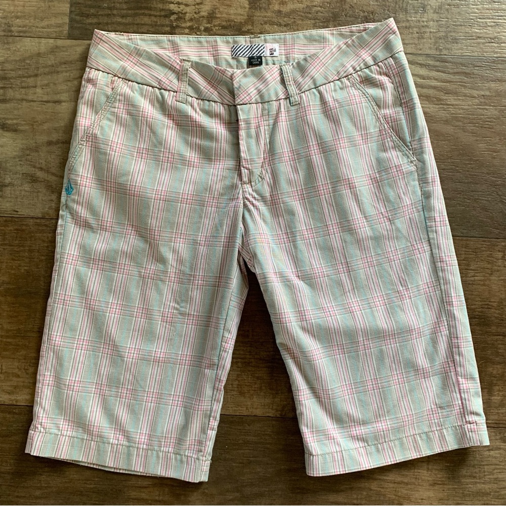 Volcom plaid bermuda shorts blue pink white and tan